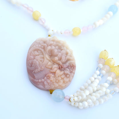 Orange Jade Butterfly Pendant Shell Necklace - Pink Aventurine - Long Necklace