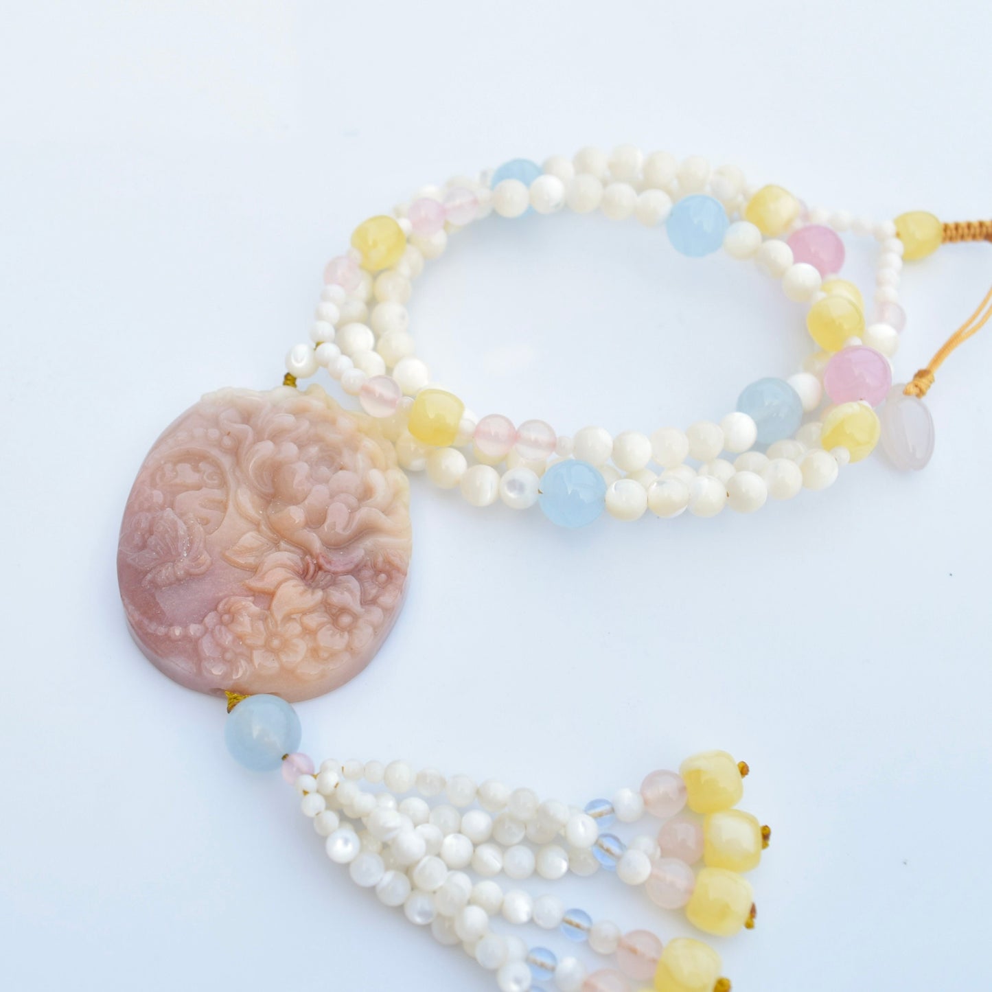 Orange Jade Butterfly Pendant Shell Necklace - Pink Aventurine - Long Necklace