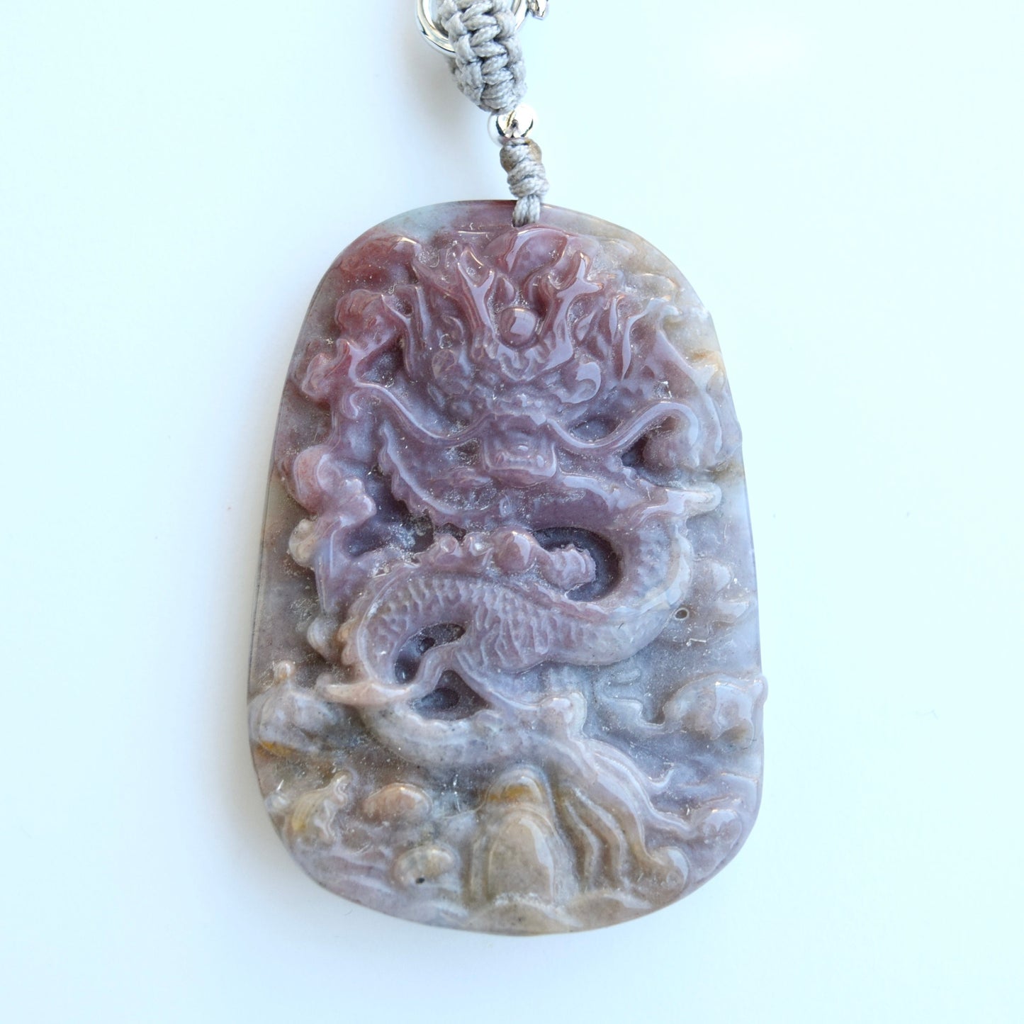 Chinese Dragon Ocean Agate Pendant - Adjustable Jade Cord Necklace