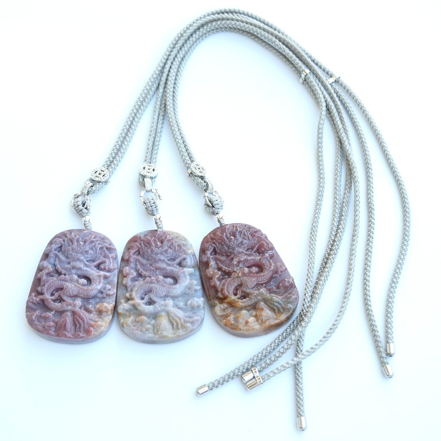 Chinese Dragon Ocean Agate Pendant - Adjustable Jade Cord Necklace