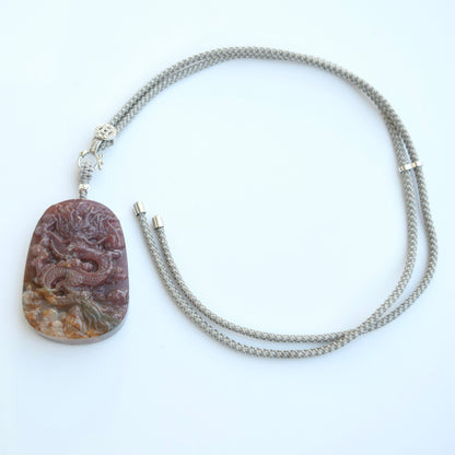 Chinese Dragon Ocean Agate Pendant - Adjustable Jade Cord Necklace