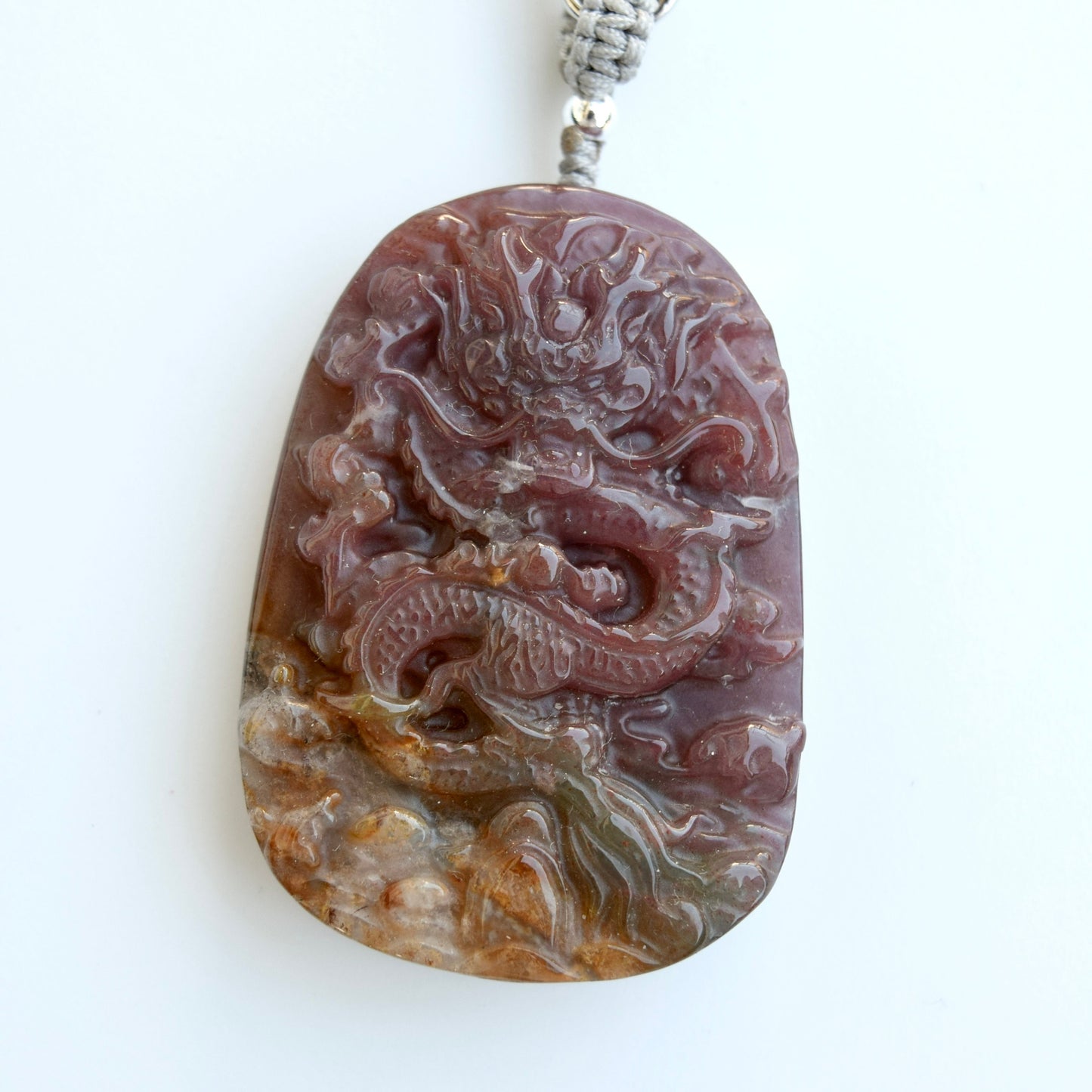 Chinese Dragon Ocean Agate Pendant - Adjustable Jade Cord Necklace