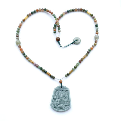 Double Side Dragon Pendant Necklace - Green Jadeite -Agate Long Necklace