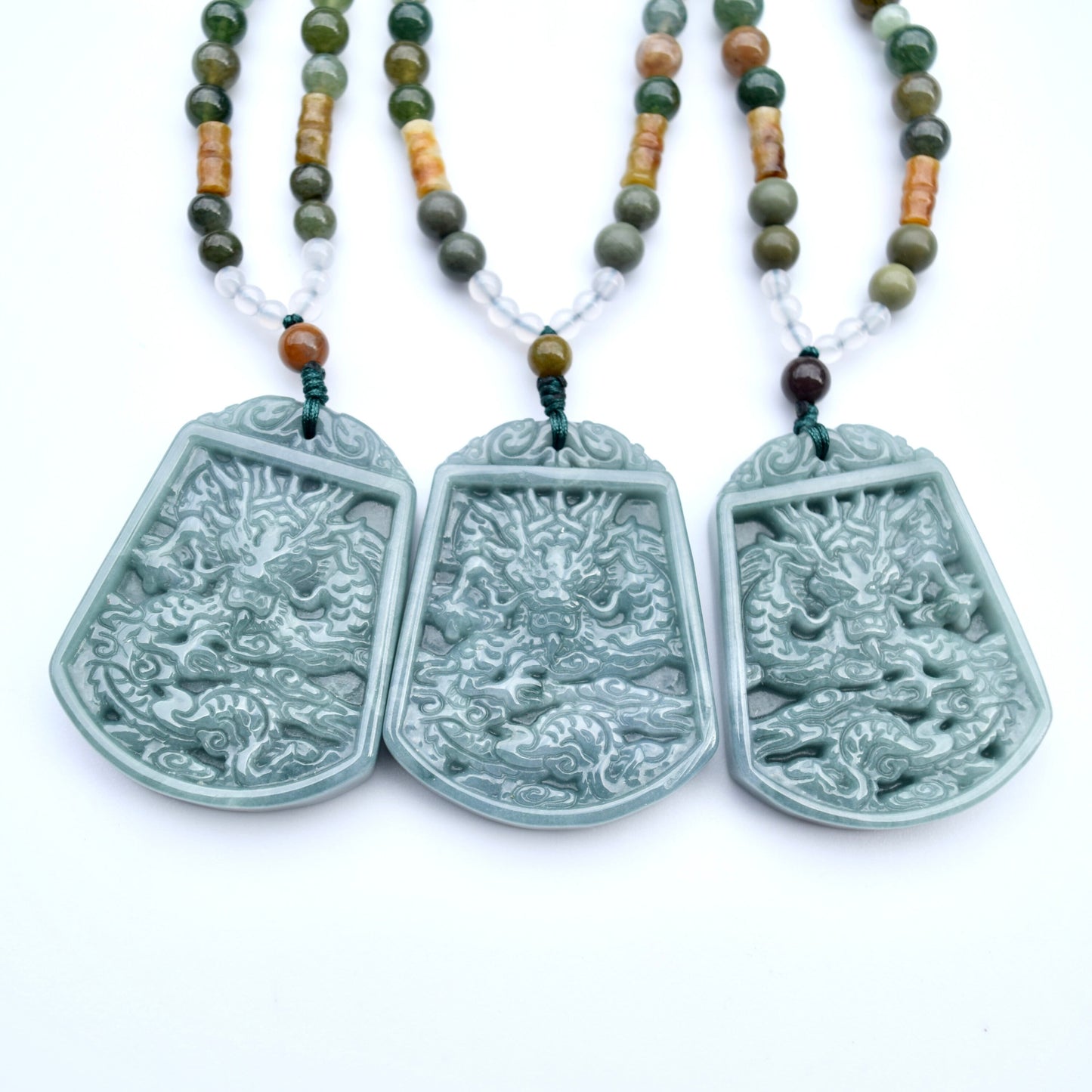 Double Side Dragon Pendant Necklace - Green Jadeite -Agate Long Necklace