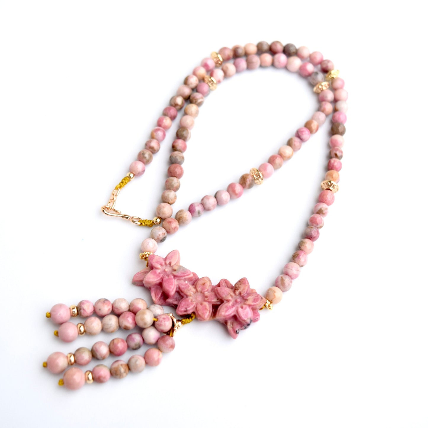 Pink 3 Flower Pendant Necklace - Rhodonite Beaded Necklace