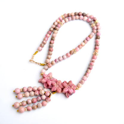 Pink 3 Flower Pendant Necklace - Rhodonite Beaded Necklace