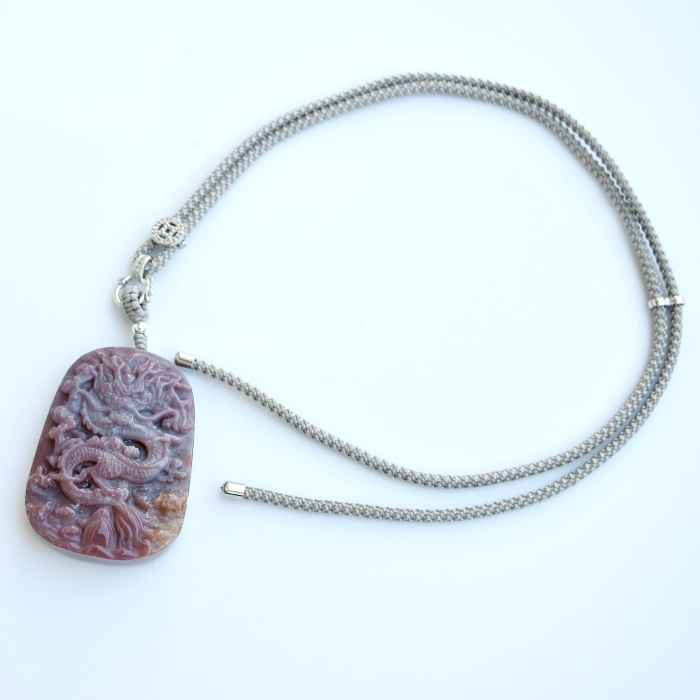 Chinese Dragon Ocean Agate Pendant - Adjustable Jade Cord Necklace