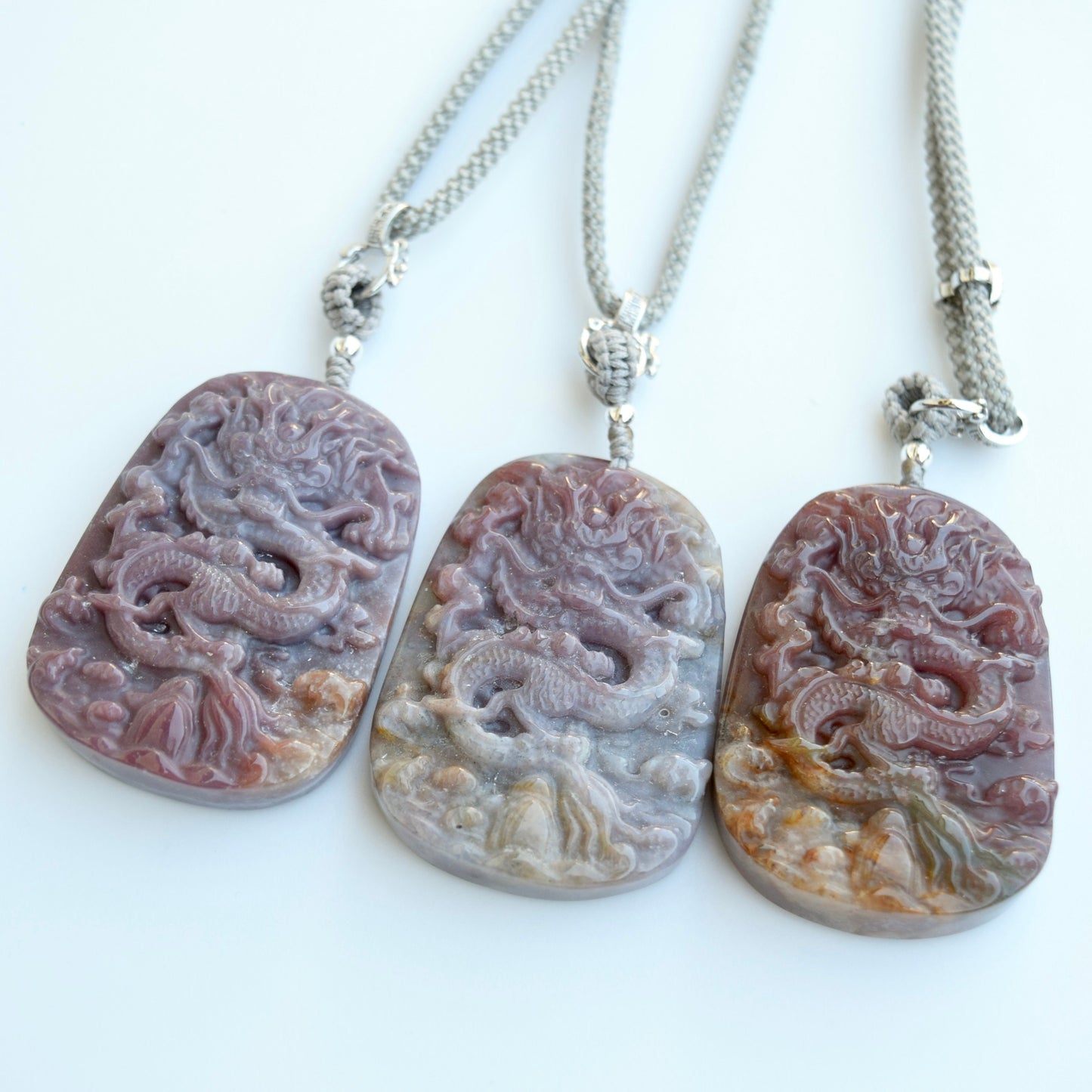 Chinese Dragon Ocean Agate Pendant - Adjustable Jade Cord Necklace