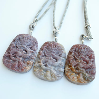 Chinese Dragon Ocean Agate Pendant - Adjustable Jade Cord Necklace