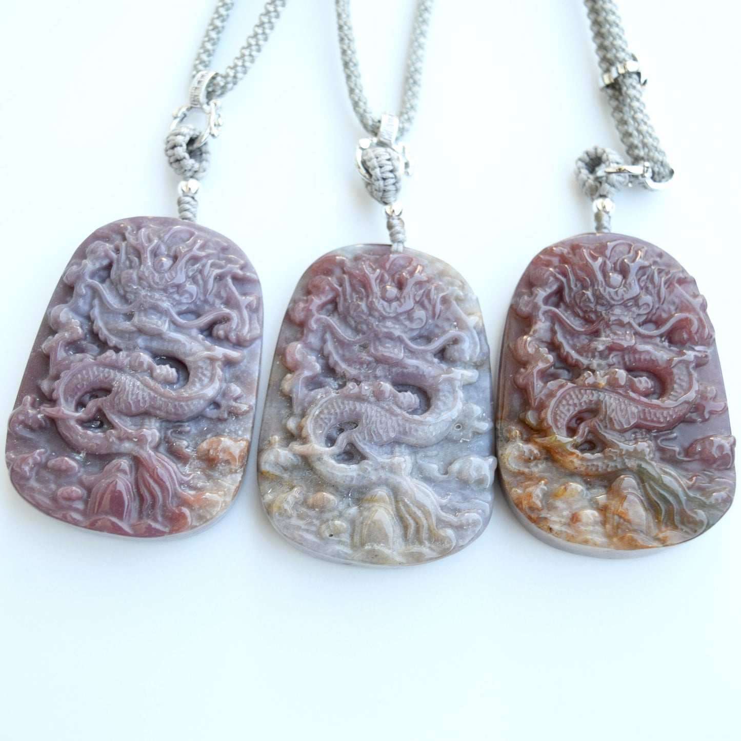 Chinese Dragon Ocean Agate Pendant - Adjustable Jade Cord Necklace