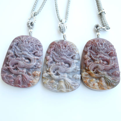 Chinese Dragon Ocean Agate Pendant - Adjustable Jade Cord Necklace