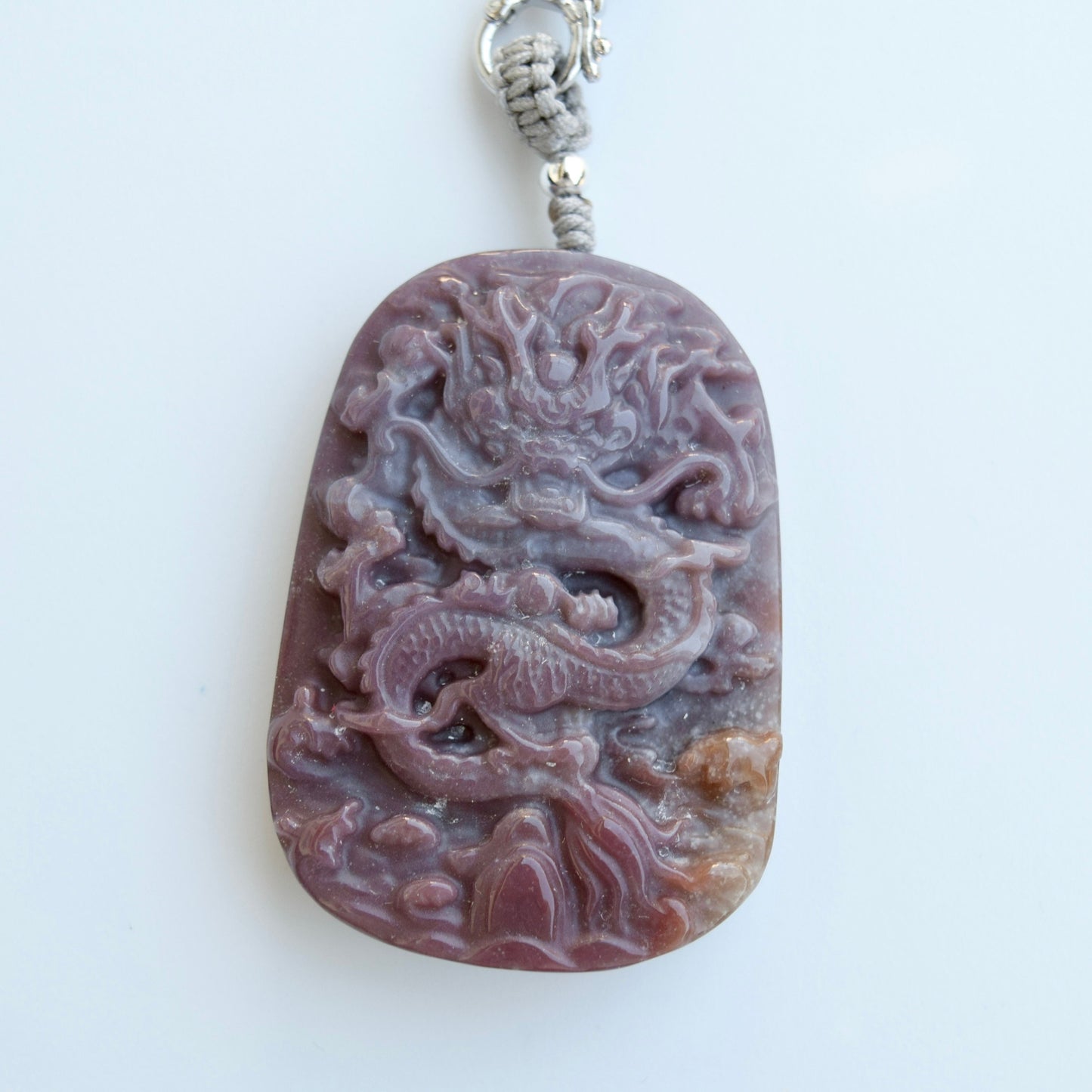 Chinese Dragon Ocean Agate Pendant - Adjustable Jade Cord Necklace