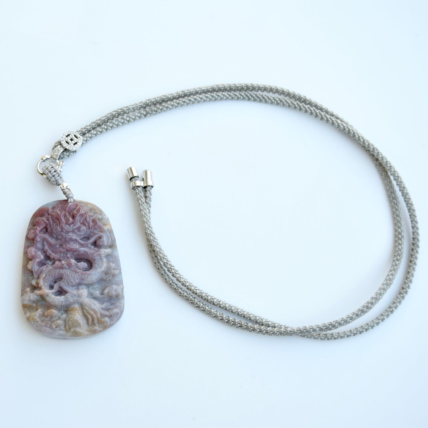 Chinese Dragon Ocean Agate Pendant - Adjustable Jade Cord Necklace