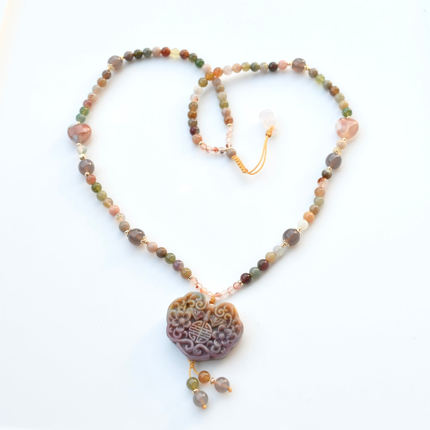 Ocean Agate Lock Pendant Necklace: Beaded Agate Chain