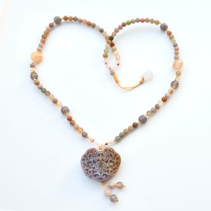 Ocean Agate Lock Pendant Necklace: Beaded Agate Chain