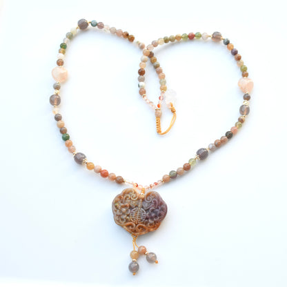 Ocean Agate Lock Pendant Necklace: Beaded Agate Chain