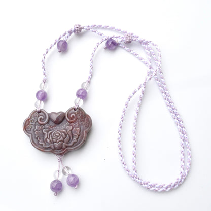 Colorful Peony Lock Pendant Rope Necklace - Quartz Jade Crystal Pendant