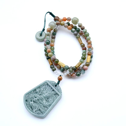 Double Side Dragon Pendant Necklace - Green Jadeite -Agate Long Necklace