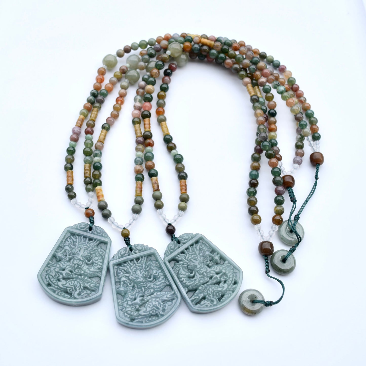 Double Side Dragon Pendant Necklace - Green Jadeite -Agate Long Necklace