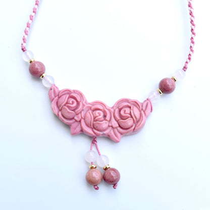 Pink Rose Pendant Rope Necklace - Rhodonite