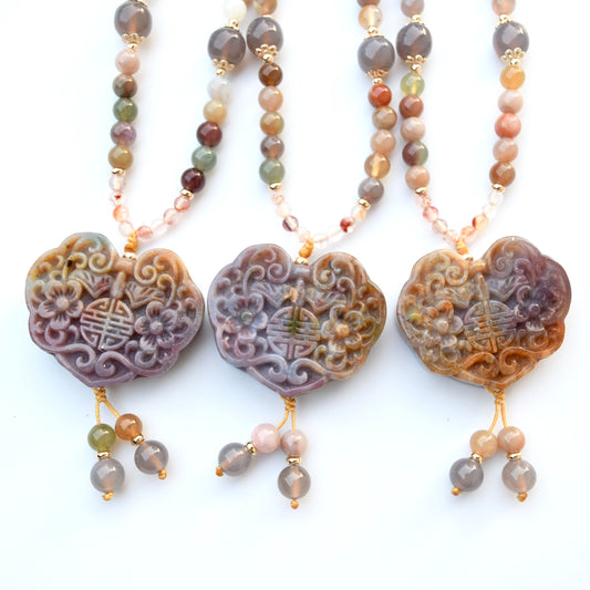 Ocean Agate Lock Pendant Necklace: Beaded Agate Chain