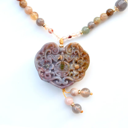 Ocean Agate Lock Pendant Necklace: Beaded Agate Chain