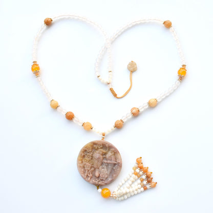 Double Birds Circle Pendant Necklace - Yellow Quartz Jade - White Agate Beaded