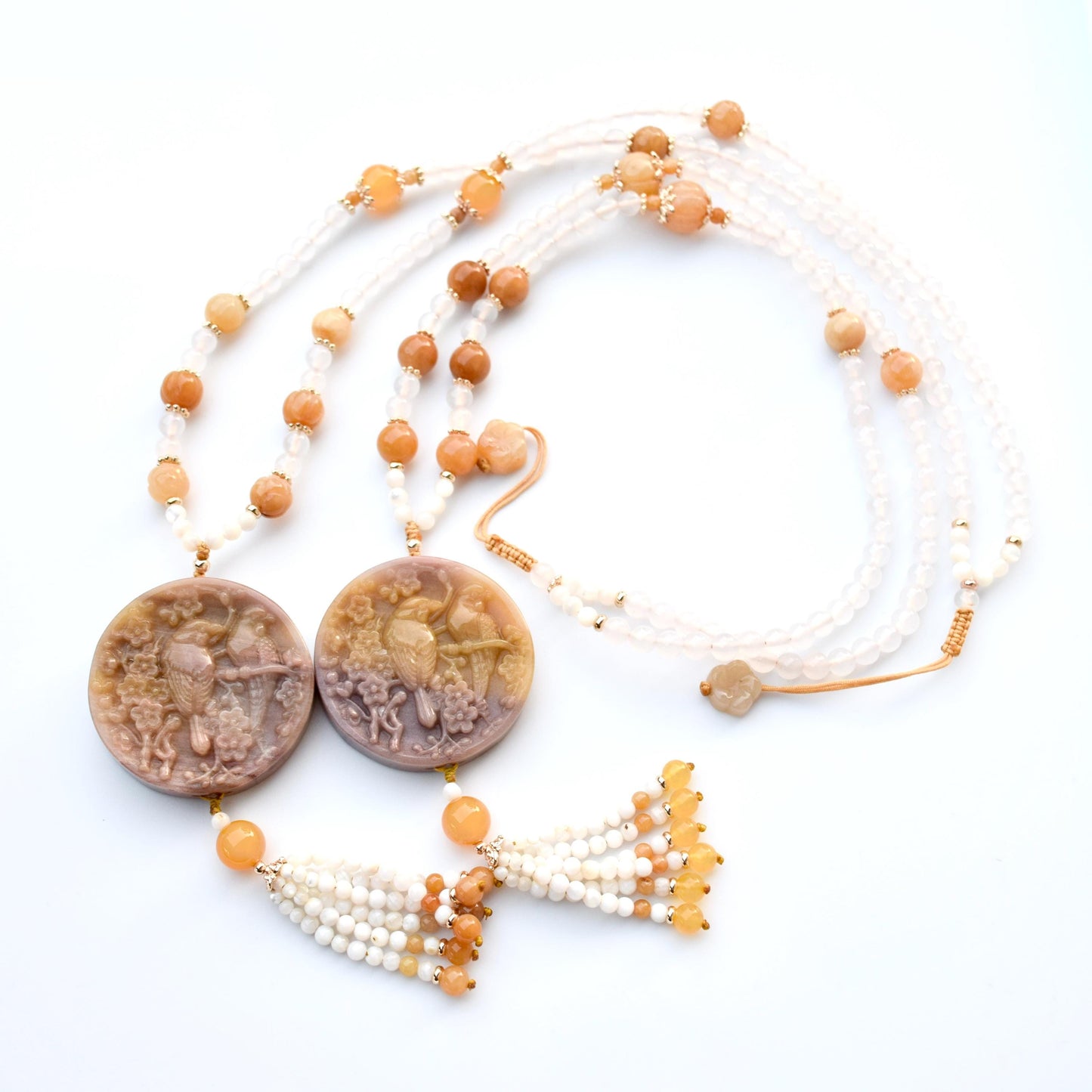 Double Birds Circle Pendant Necklace - Yellow Quartz Jade - White Agate Beaded