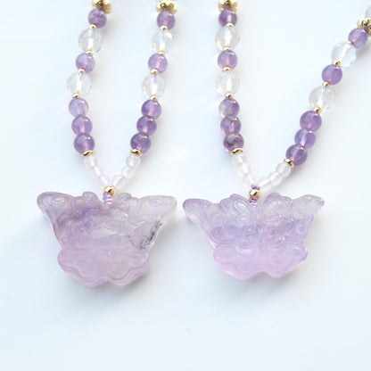 Amethyst Butterfly Pendant Necklace - Clear Quartz Long Necklace