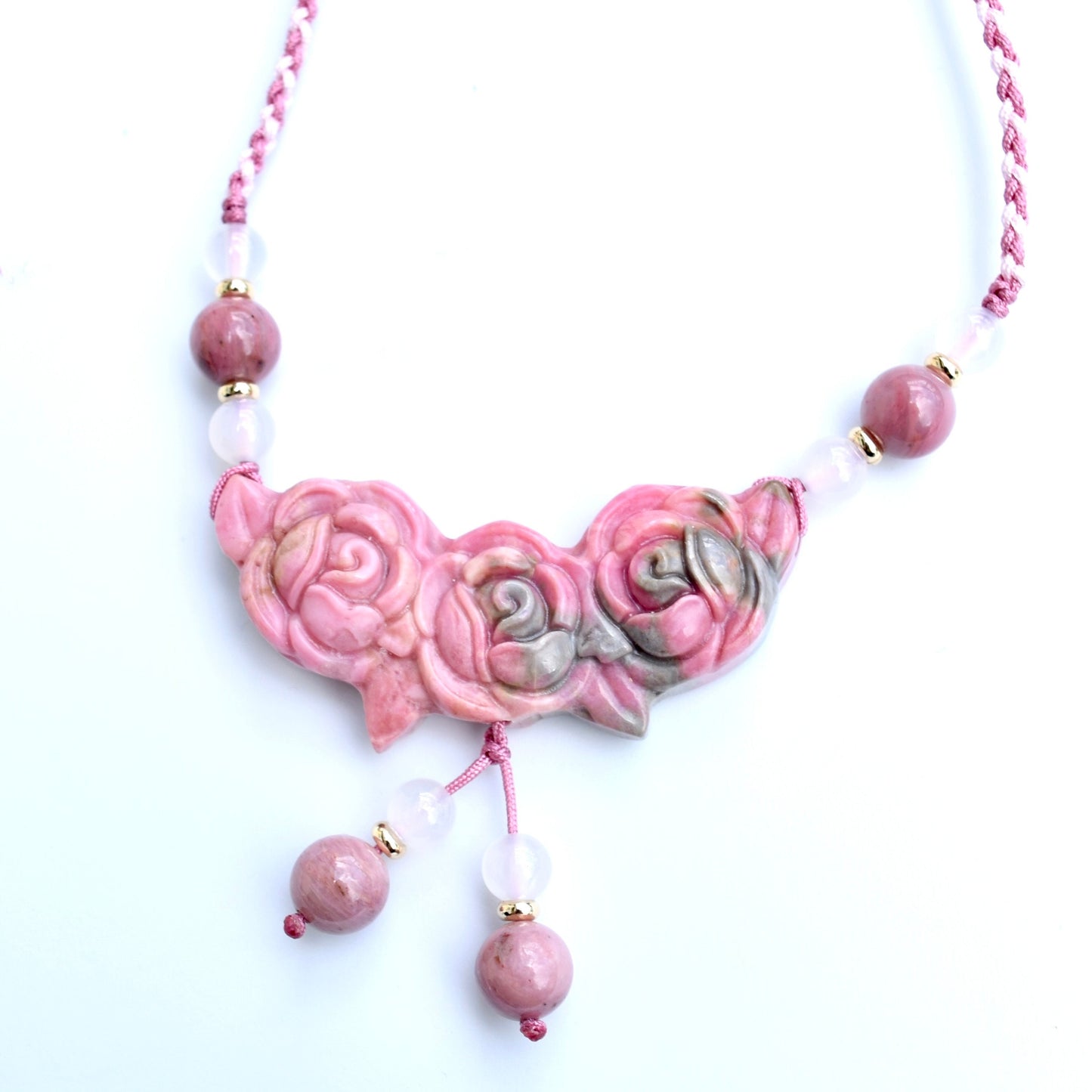 Pink Rose Pendant Rope Necklace - Rhodonite