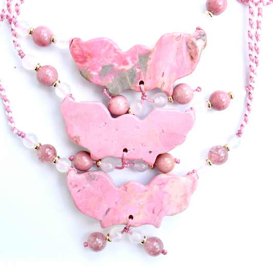 Pink Rose Pendant Rope Necklace - Rhodonite