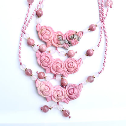 Pink Rose Pendant Rope Necklace - Rhodonite