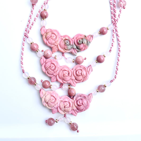 Pink Rose Pendant Rope Necklace - Rhodonite