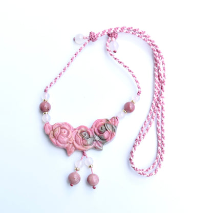 Pink Rose Pendant Rope Necklace - Rhodonite