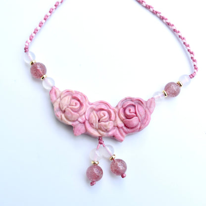 Pink Rose Pendant Rope Necklace - Rhodonite