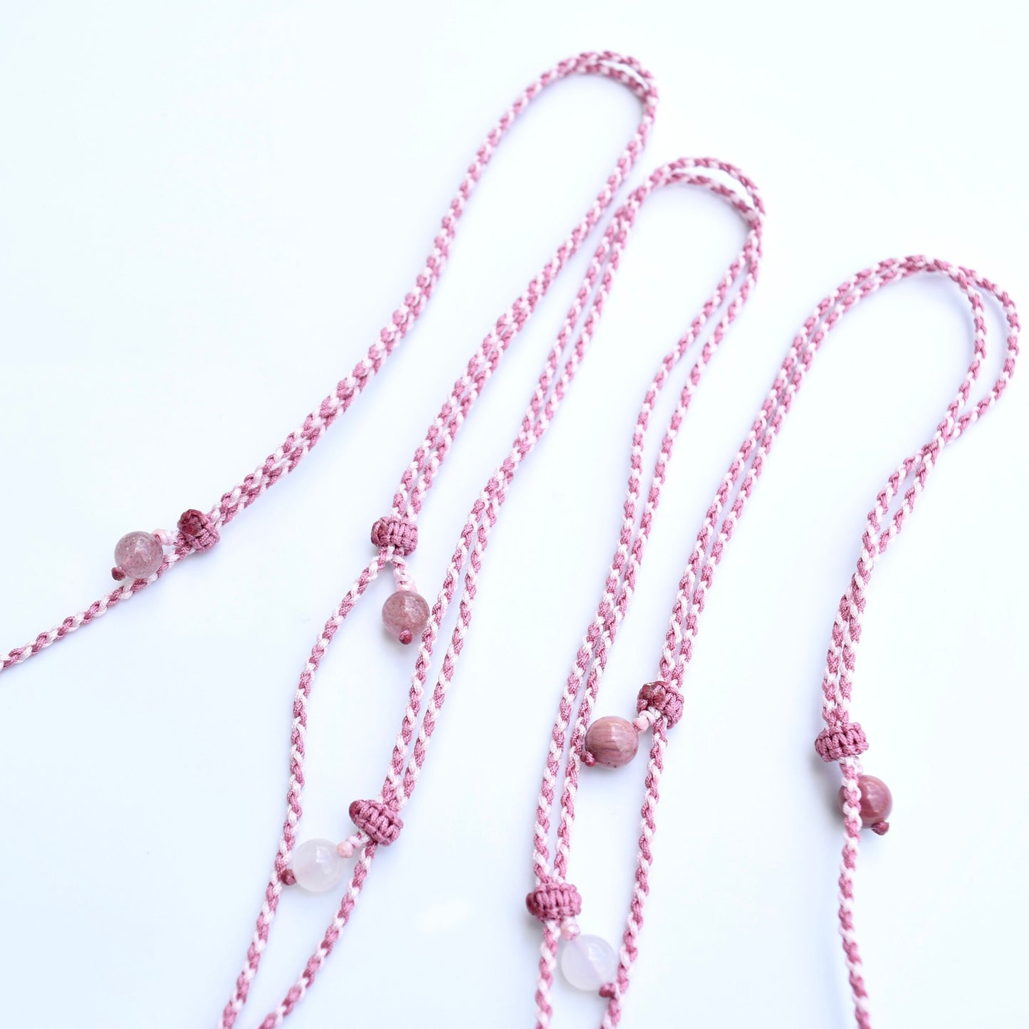 Pink Rose Pendant Rope Necklace - Rhodonite