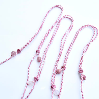 Pink Rose Pendant Rope Necklace - Rhodonite