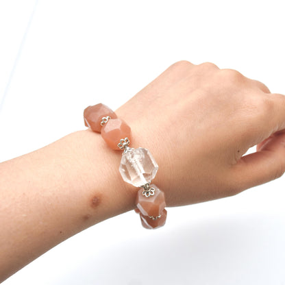 Prism Cut Faceted Beaded Bracelet - Peach Moonstone Clear Quartz Beads