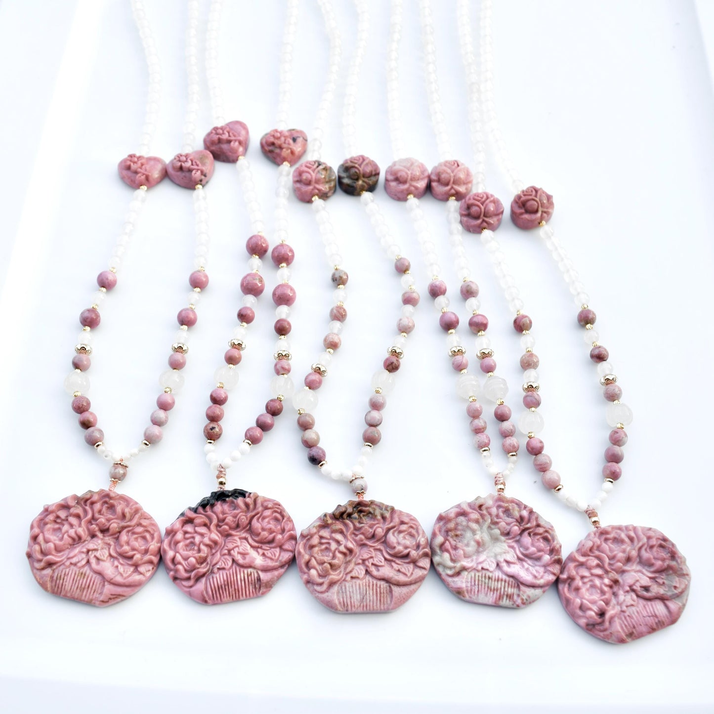 Pink Rhodonite Flower Comb Pendant Necklace