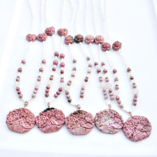 Pink Rhodonite Flower Comb Pendant Necklace