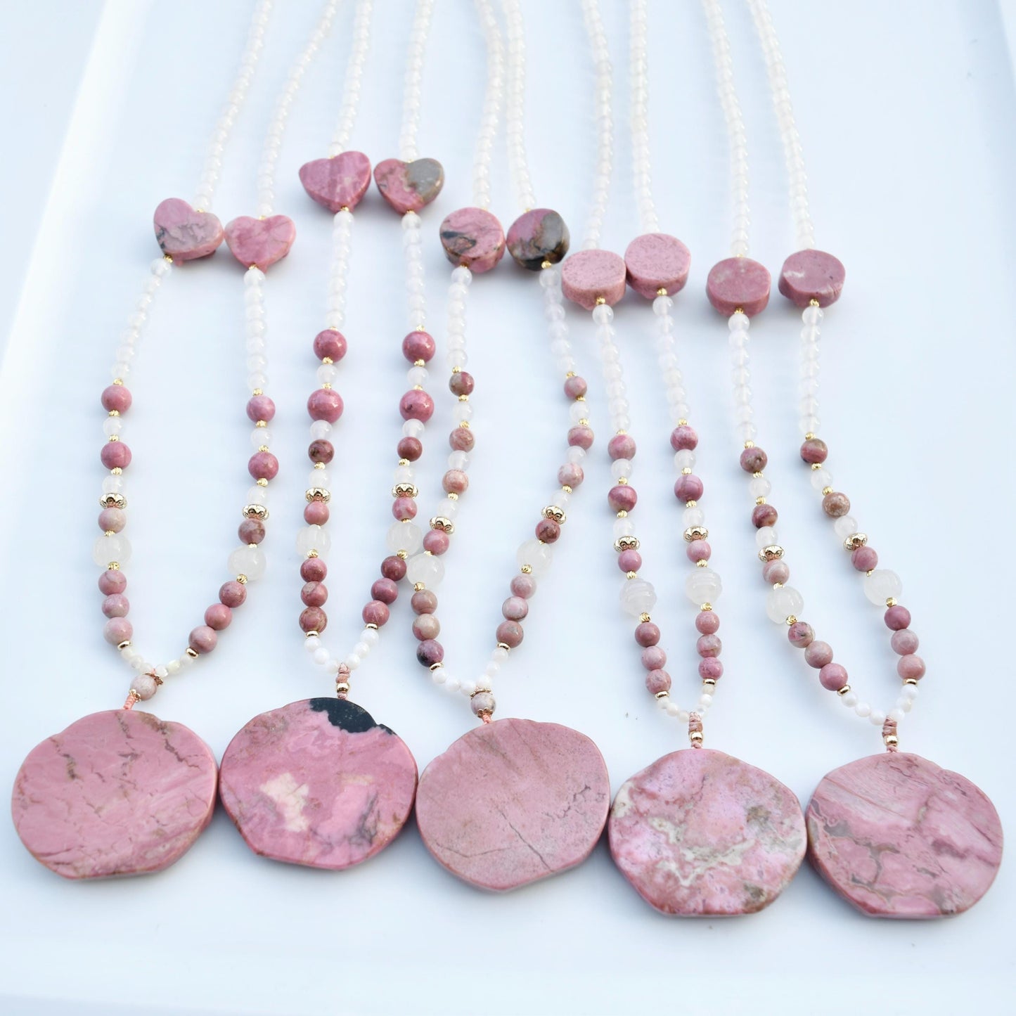 Pink Rhodonite Flower Comb Pendant Necklace