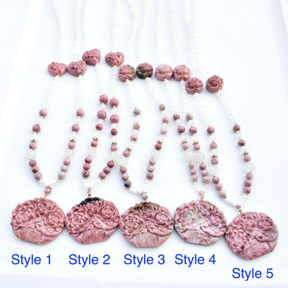 Pink Rhodonite Flower Comb Pendant Necklace