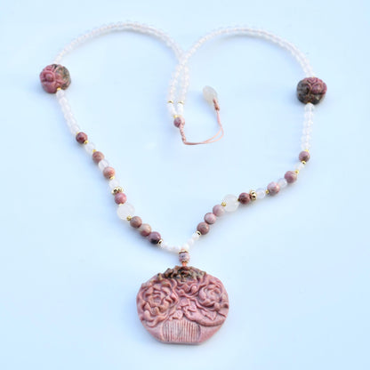 Pink Rhodonite Flower Comb Pendant Necklace