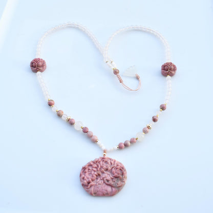 Pink Rhodonite Flower Comb Pendant Necklace