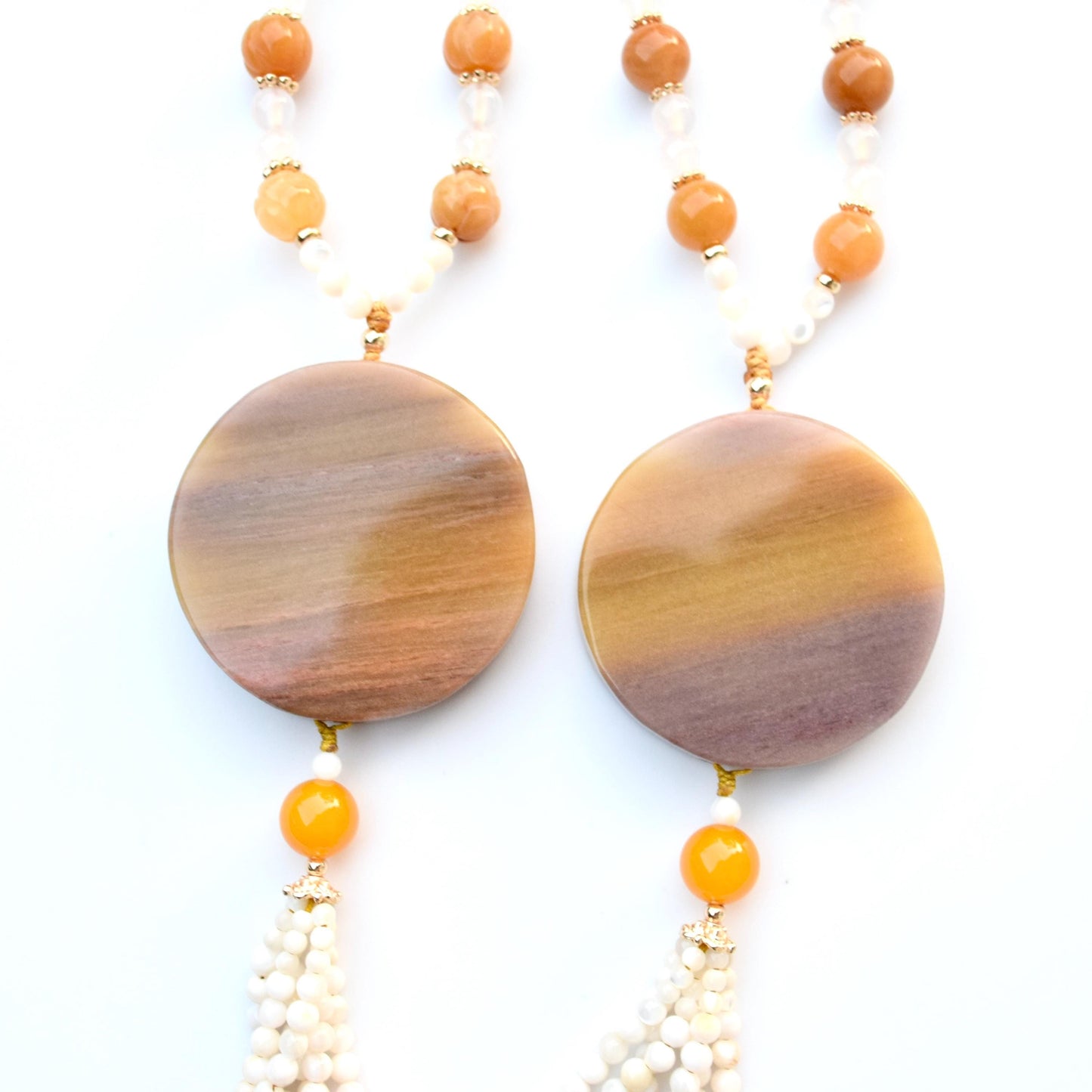 Double Birds Circle Pendant Necklace - Yellow Quartz Jade - White Agate Beaded