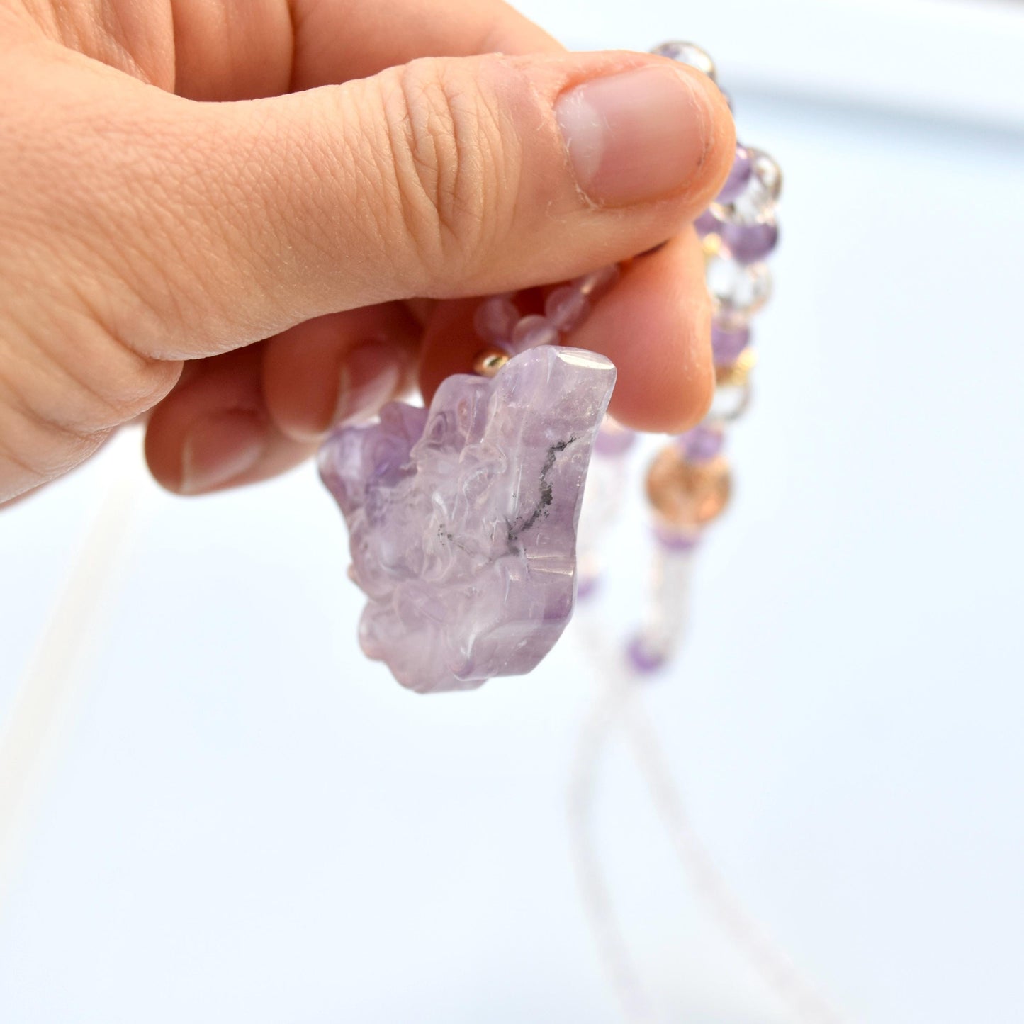 Amethyst Butterfly Pendant Necklace - Clear Quartz Long Necklace