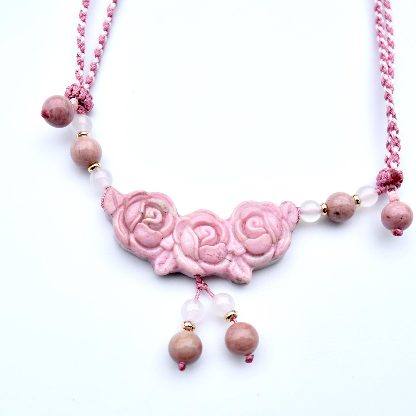 Pink Rose Pendant Rope Necklace - Rhodonite
