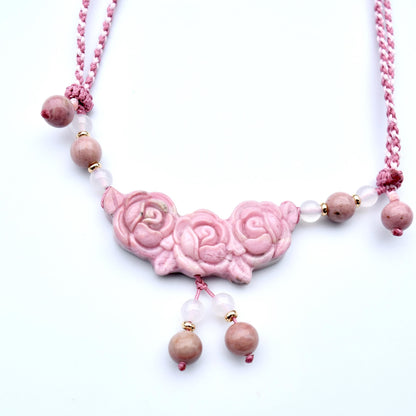 Pink Rose Pendant Rope Necklace - Rhodonite