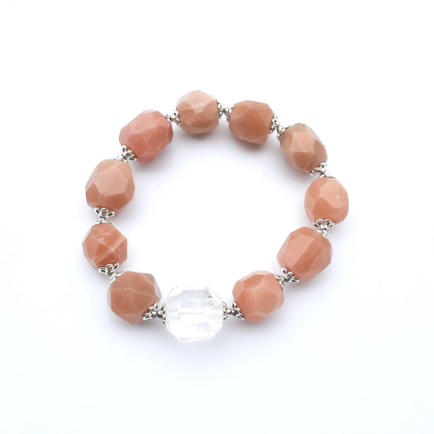 Prism Cut Faceted Beaded Bracelet - Peach Moonstone Clear Quartz Beads