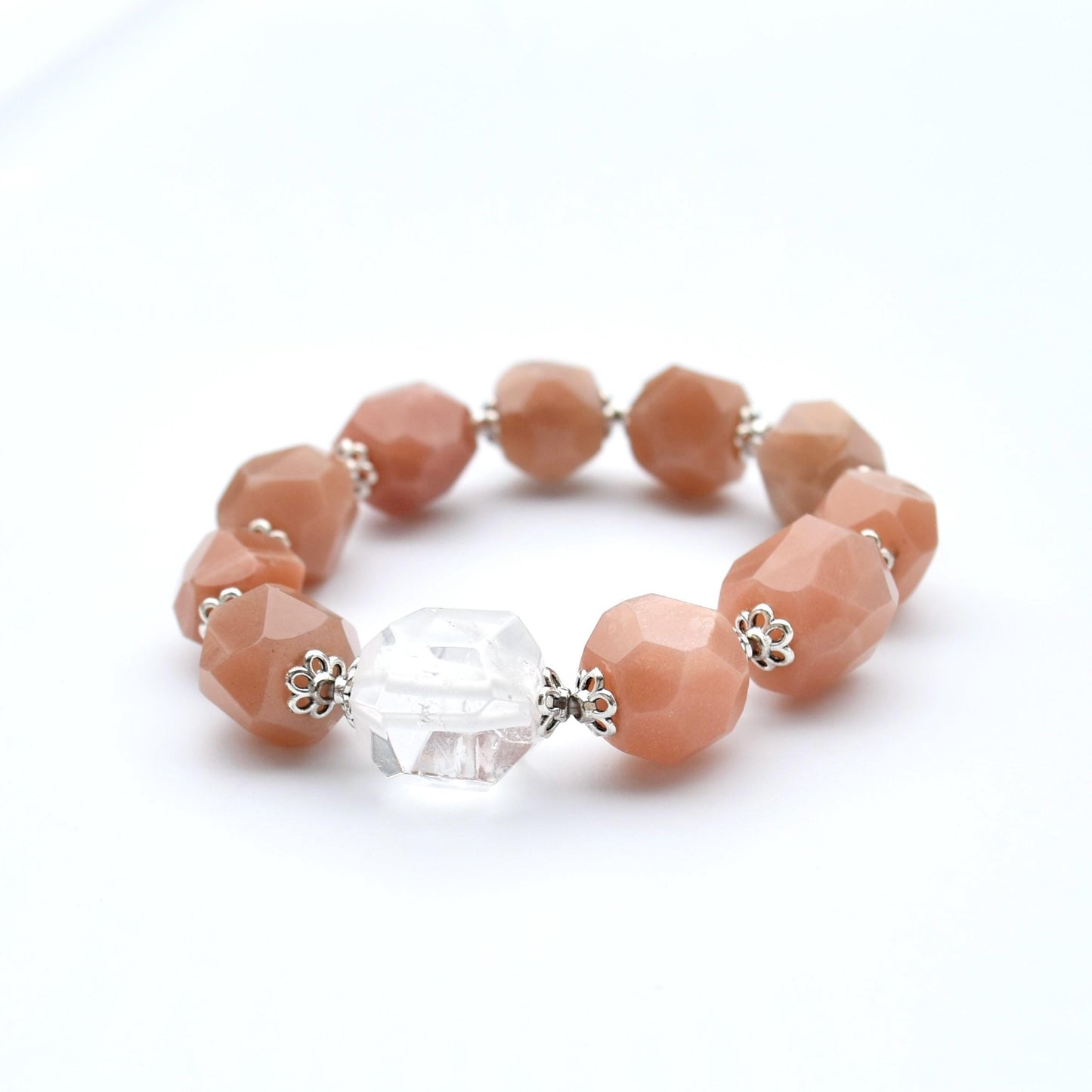 Prism Cut Faceted Beaded Bracelet - Peach Moonstone Clear Quartz Beads